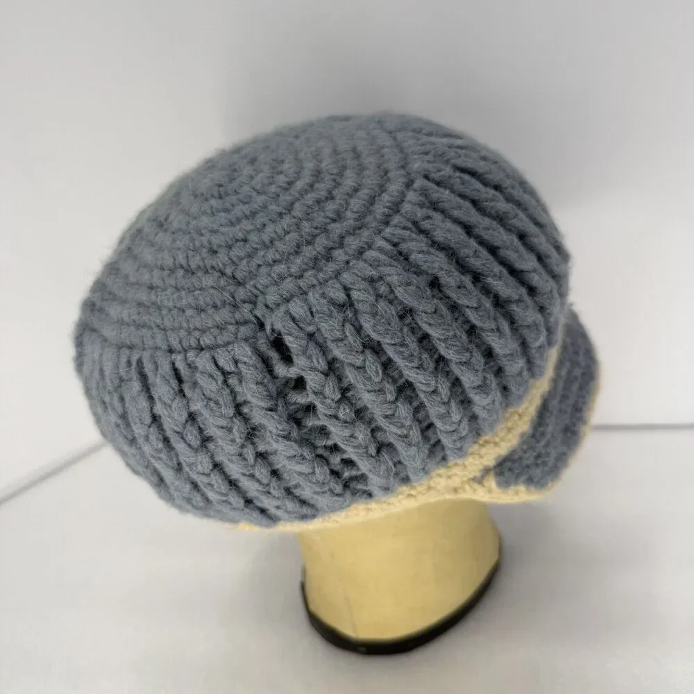 Vtg Shred Alert Cadet Hat Beanie Knit Brim Wool Angora Fleece Lined Cap Blue Y2K